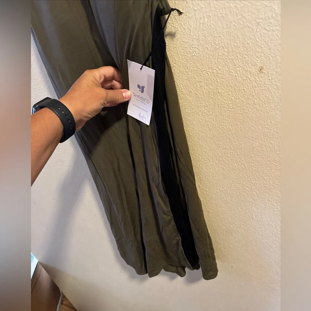 Shebird Built in Bra Dress in Olive Green XS pockets - Picture 3 of 5